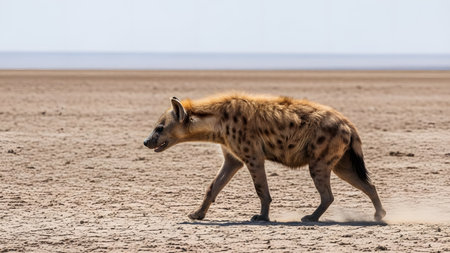 A spotted hyena walks across a dry, cracked mud landscape in the savanna under a bright sky. The scavenger is captured in profile, highlighting its unique build and spotted fur pattern against the barren horizon.の素材