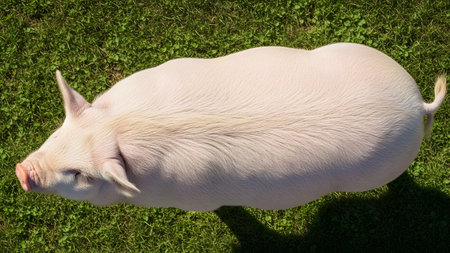 A high-angle, top-down view of a domestic pig standing on a lush green lawn. The sunlight highlights the texture of the animal's pink skin and bristles against the natural background.の素材