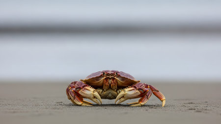 A crab stands on a sandy beach facing the camera, with a blurred ocean horizon in the background. The low-angle shot highlights the crustacean's claws and shell in its natural coastal habitat.の素材