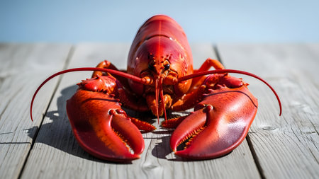 A whole cooked red lobster placed directly on a weathered grey wooden table outdoors. The bright sunlight highlights the vivid red shell and claws, presenting a fresh and rustic seafood concept.の素材