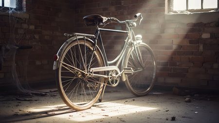A vintage bicycle stands in the center of an empty, dusty room with brick walls. Sunbeams stream through a high window, illuminating the floating dust particles and the classic design of the bike.の素材