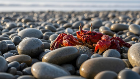 A bright red crab stands among smooth grey pebbles on a rocky beach. The close-up shot highlights the crustacean's vibrant color and claws against the neutral tones of the stones and blurred background.の素材