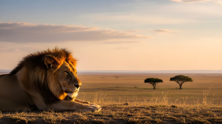 A majestic male lion rests on a grassy mound in the savanna during the golden hour. The big cat gazes calmly into the distance with acacia trees silhouetted against a soft sunset sky in the background.の素材