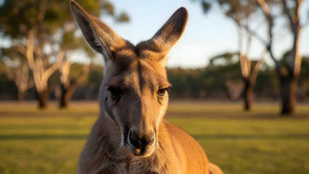 A detailed close-up portrait of a kangaroo's face illuminated by warm sunset light. The marsupial looks directly at the camera with a calm expression, set against a blurred Australian bush background.の素材