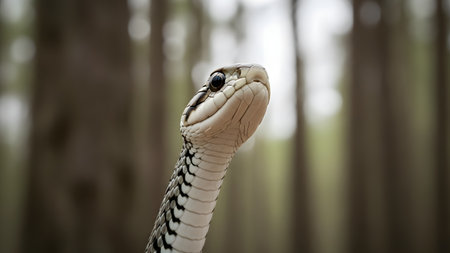 A detailed close-up of a snake's head raised high, looking upwards against a blurred forest background. The image captures the reptile's alert expression, scales, and natural camouflage within its woodland habitat.の素材