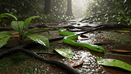 A vibrant green snake slithers across a wet, mossy forest floor in a lush rainforest environment. The low-angle shot captures the reptile's movement through the damp, natural habitat.の素材