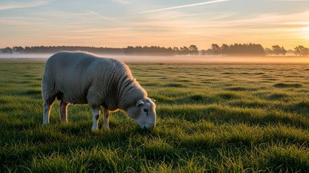 A sheep grazes in a lush green field during a misty sunrise, with a line of trees in the distance. The golden morning light backlights the animal's wool, creating a serene and picturesque rural landscape.の素材