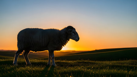 A sheep stands in silhouette against a dramatic sunset sky, outlined by a golden rim light. The rolling green hills in the background fade into the horizon, creating a peaceful pastoral scene.の素材