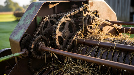 Close-up of rusty metal gears and chains on an old piece of farm machinery, mixed with bits of dry straw. The image captures the texture of aging industrial equipment and agricultural history in warm sunlight.の素材