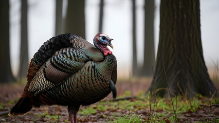 A majestic wild turkey stands amidst the trees in a forest setting with fallen leaves on the ground. Its feathers show a mix of bronze and green iridescence, capturing the bird in its natural woodland habitat during the day.の素材