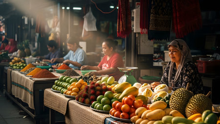 A female vendor wearing a headscarf sits behind a vibrant display of tropical fruits, including mangoes, durian, and rambutan, at a traditional market. Sunlight filters through the scene, illuminating the fresh produce and other sellers working in the background. The image captures the authentic atmosphere of local commerce and daily life in Southeast Asia.の素材