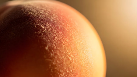 An extreme close-up macro shot of a peach's skin, highlighting the soft, fuzzy texture and the gradient of warm orange and peach colors. The lighting accentuates the tiny hairs and organic surface details.の素材