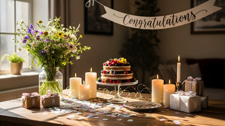 A festive table setting featuring a layered naked cake topped with fresh berries and flowers, surrounded by lit candles and wrapped gifts. A Congratulations banner hangs in the background, bathed in warm, natural light.の素材