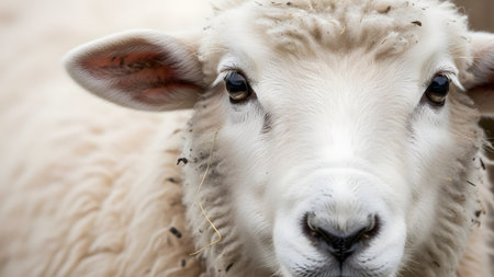 An extreme close-up portrait of a white sheep looking directly into the camera. The detailed shot captures the texture of the wool, the animal's gentle brown eyes, and the natural details of farm life.の素材