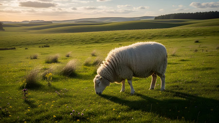 A white sheep grazes on a lush green hillside bathed in the golden light of sunset. The peaceful rural scene features rolling hills and a forest line in the distance, evoking a sense of tranquility.の素材