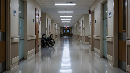 A long, empty hospital corridor features beige walls and shiny flooring, with a pair of wheelchairs parked along the side. The sterile and quiet environment reflects a typical medical facility or nursing home setting.の素材