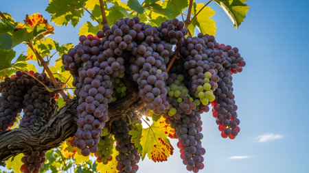 Large clusters of ripe red and green grapes hang from a leafy vine in a sunny vineyard. The sun shines through the leaves, creating a warm glow that emphasizes the freshness and abundance of the harvest.の素材