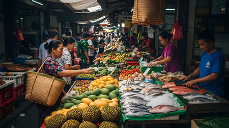 A vibrant and bustling street market scene filled with vendors selling fresh fruits, vegetables, and seafood. Locals and tourists navigate the narrow aisle, exploring the colorful array of tropical produce and goods.の素材