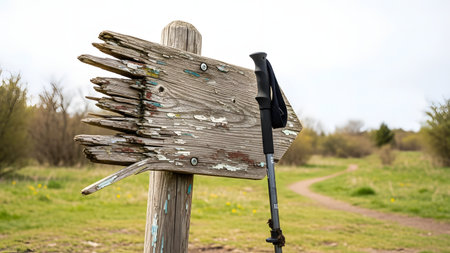 An old, weathered wooden signpost with an arrow shape stands along a grassy hiking trail. A black trekking pole leans against the sign, suggesting guidance, direction, and outdoor adventure in a rural setting.の素材