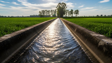 A straight concrete irrigation canal filled with flowing water cuts through vibrant green rice fields under a bright blue sky. Trees line the horizon, and the sun reflects off the water's surface, highlighting agricultural infrastructure in a rural landscape.の素材