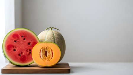 A fresh red watermelon and a ripe orange cantaloupe, both cut in half, standing upright on a wooden cutting board. The clean composition against a white background emphasizes the vibrant colors and juicy texture of the summer melons.の素材