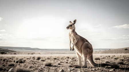 A wild kangaroo stands alert in a dry, arid landscape with sparse grass and distant hills. The desaturated, high-contrast style emphasizes the rugged beauty of the Australian outback and its native wildlife.の素材
