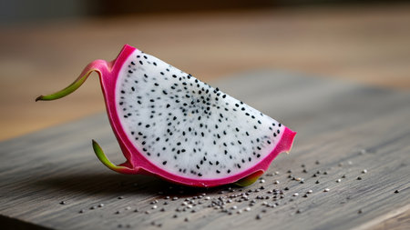 A single wedge of fresh white-fleshed dragon fruit sits on a dark wooden cutting board, surrounded by scattered seeds. The vibrant pink skin contrasts with the rustic wood texture, emphasizing freshness.の素材