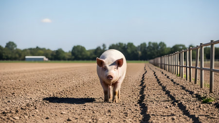 A large pink pig stands in the center of a plowed dirt field under a clear blue sky. A wooden fence runs along the side of the field, illustrating a typical rural livestock farming scene.の素材