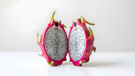 Two vertical halves of a dragon fruit stand upright against a clean white background. The vibrant pink skin contrasts sharply with the white flesh and black seeds, providing a symmetrical and fresh view of the tropical fruit.の素材