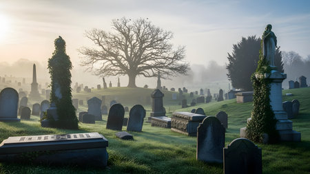 A serene and atmospheric cemetery landscape at sunrise, shrouded in morning mist. Ancient tombstones and statues are scattered across the grassy hill, with a large bare tree silhouetted against the soft light.の素材
