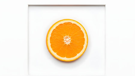 A perfectly round slice of fresh orange centered within a minimalist white square frame. The vibrant citrus color contrasts sharply with the clean white background, creating a modern art aesthetic.の素材