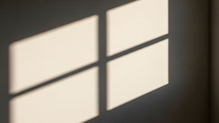 A clear, sharp shadow of a four-pane window frame is cast upon a plain, neutral-colored wall. The high contrast creates a minimalist abstract composition focusing on light and geometry.の素材