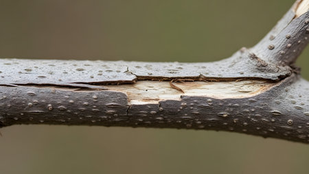 A close-up view of a tree branch showing a significant crack and peeling bark. The texture of the exposed wood and the weathered surface highlight natural decay and environmental wear.の素材