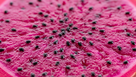 A macro shot of a sliced pink dragon fruit, displaying its vibrant flesh and speckled black seeds. The image serves as a colorful and textured food background, highlighting the exotic nature of the fruit.の素材