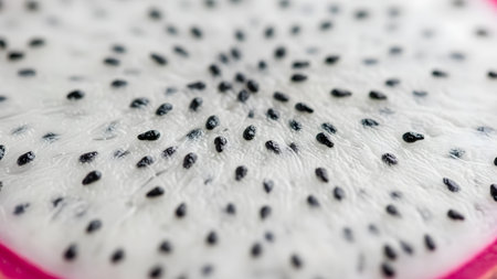 A high-resolution macro shot of white dragon fruit flesh speckled with small black seeds. The image highlights the intricate details, wet texture, and fresh organic pattern of this tropical fruit.の素材