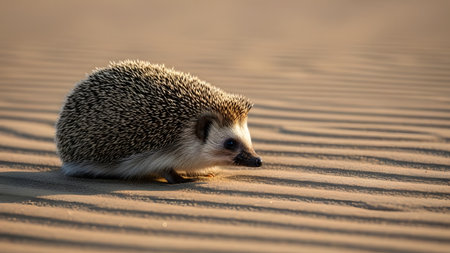 A small, cute hedgehog walks across rippled sand dunes illuminated by warm, golden sunlight. The side-view shot captures the texture of its spines and soft fur against the smooth, sandy desert background.の素材