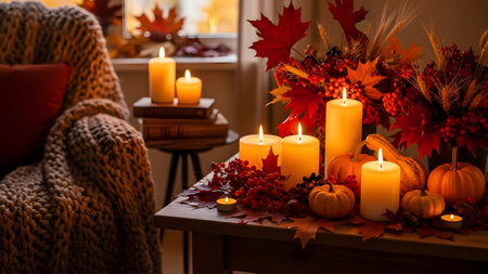 A warm and cozy autumn still life featuring glowing candles, small pumpkins, and a vase of red maple leaves. A knitted blanket and stack of books on the wooden table enhance the hygge atmosphere, perfect for Thanksgiving or fall themes.の素材
