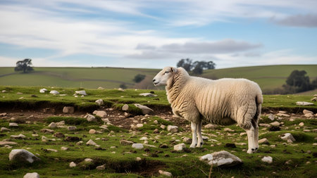 A white woolly sheep stands in profile on a rocky green hillside. The background features rolling green pastures and distant trees under a partly cloudy sky, depicting a serene rural farming landscape.の素材