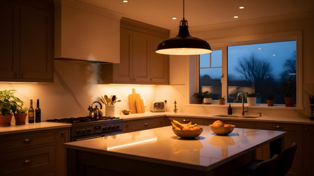 A cozy modern kitchen interior in the evening with warm under-cabinet lighting. A bowl of fruit sits on the island, and a kettle steams on the stove, creating a welcoming domestic scene.の素材