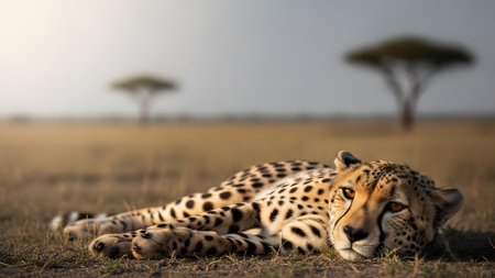 A cheetah lies resting in the grass of a savanna landscape, looking directly at the camera. In the blurred background, iconic acacia trees silhouette against the soft light of the African wilderness.の素材