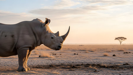 A side profile view of a large rhinoceros standing in a dry, dusty savannah landscape. The warm glow of the sun illuminates the animal's rugged skin, with a solitary acacia tree visible on the distant horizon.の素材