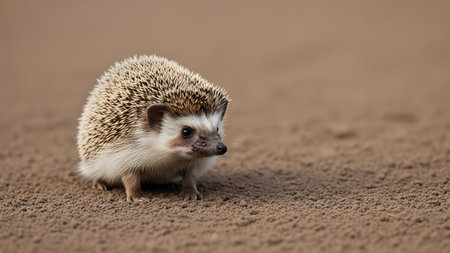 A small, spiky hedgehog walks across dry brown soil, captured in a close-up ground-level shot. The animal's alert expression and detailed spines are highlighted against the blurred earthy background.の素材