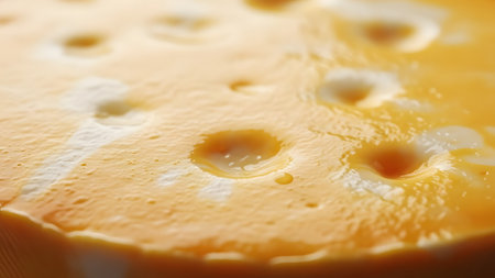 A macro close-up of a yellow cheese surface showing its porous texture and small holes. Tiny droplets of moisture glisten on the surface, emphasizing the freshness and richness of the dairy product.の素材