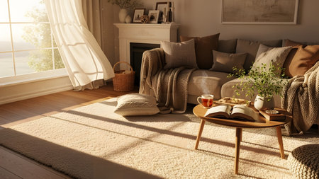 A warm and cozy living room scene bathed in golden sunlight streaming through the window. An open book and a cup of tea rest on a coffee table, while soft curtains blow gently, creating a relaxing atmosphere.の素材