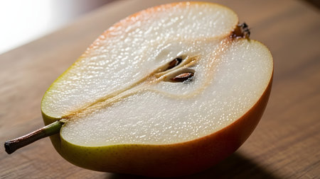 A close-up shot of a fresh pear cut in half, revealing the juicy white flesh and dark brown seeds. The fruit rests on a wooden surface, highlighting the texture and freshness of the produce.の素材