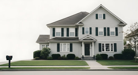 A classic two-story grey suburban house featuring white trim, shutters, and a well-manicured green lawn. A black mailbox stands by the curb, completing the picture of a typical family home in a quiet neighborhood.の素材