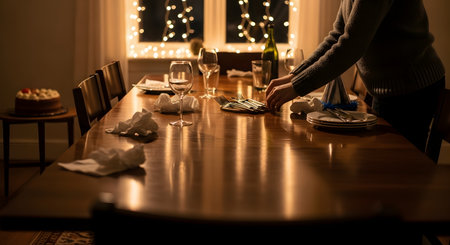 Hands place silverware on a wooden dining table set for a celebration, with wine glasses and napkins arranged. In the background, a cake and string lights create a warm, festive evening atmosphere.の素材