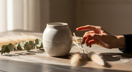 A hand reaches towards a textured white ceramic vase placed on a wooden table next to dried decorative grass. The composition is lit by bright sunlight, casting sharp shadows and creating a warm, minimalist aesthetic.の素材