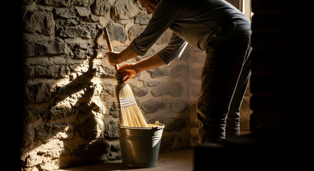 A person sweeps a rough stone floor using a traditional straw broom and a metal bucket in a rustic room. The scene is illuminated by side lighting that casts dramatic shadows on the textured stone wall.の素材