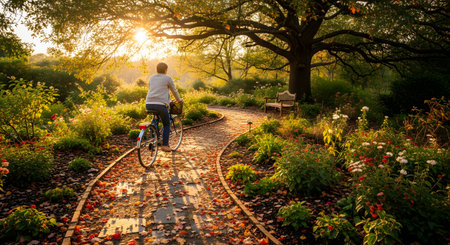 A cyclist rides along a winding brick path through a park filled with autumn foliage, heading towards the warm glow of the setting sun. The golden light filters through the branches of a large tree, creating a serene and picturesque scene.の素材